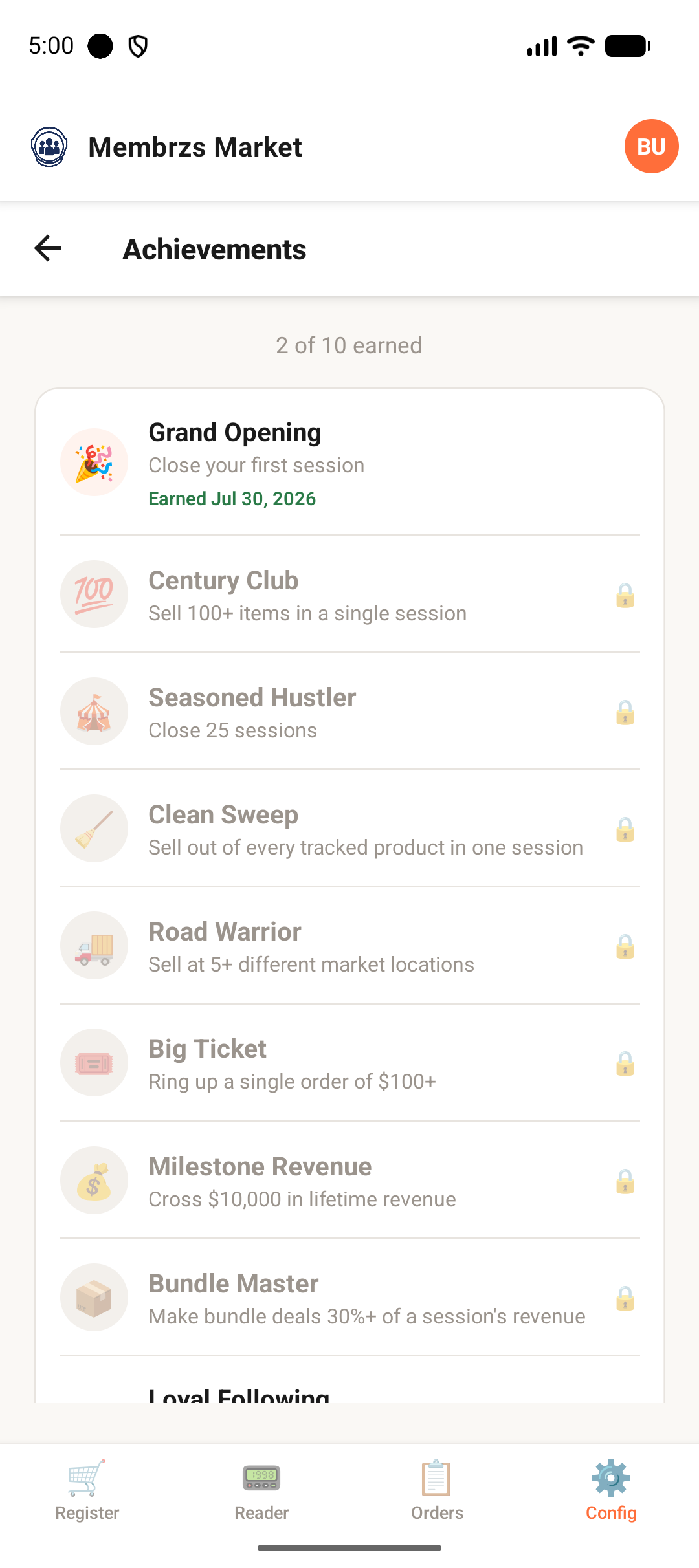 Achievements screen showing earned and locked business milestones