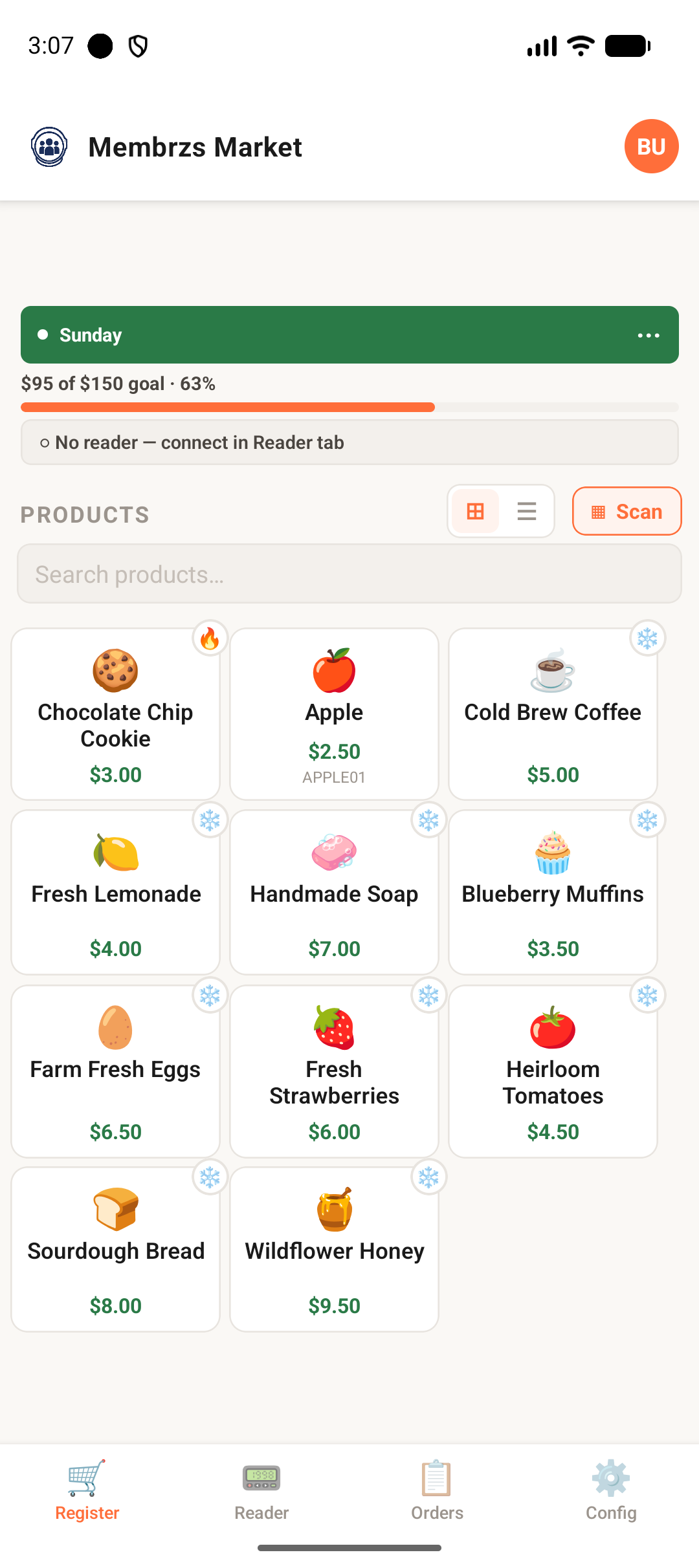 Hot and cold product badges and revenue goal tracker on the Membrzs Market register
