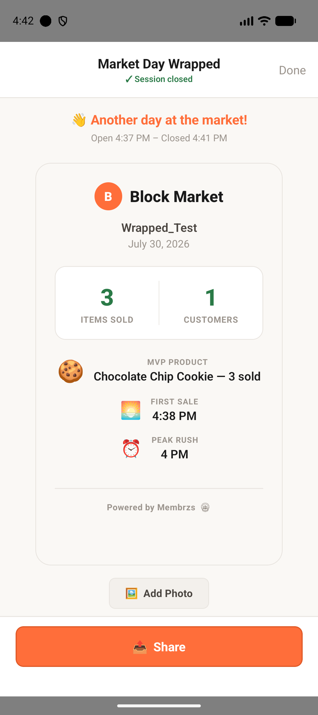 Market Day Wrapped recap card with MVP product and session stats