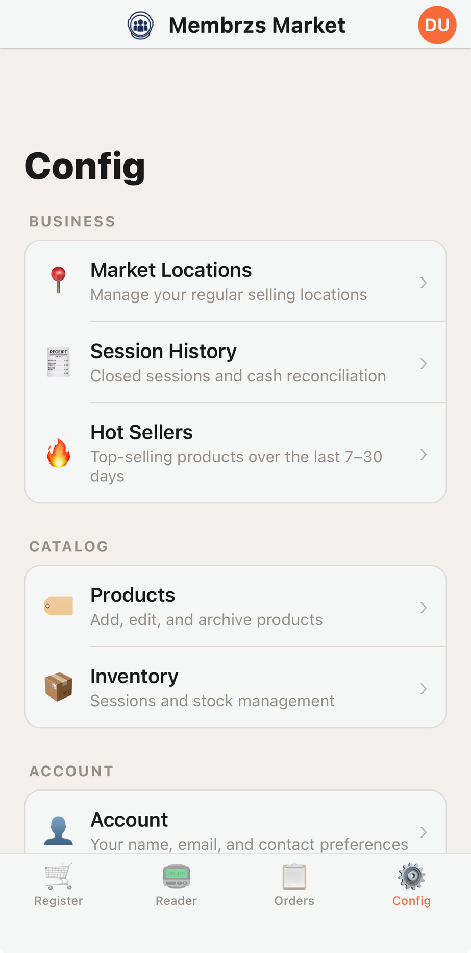 Business configuration view on iPhone
