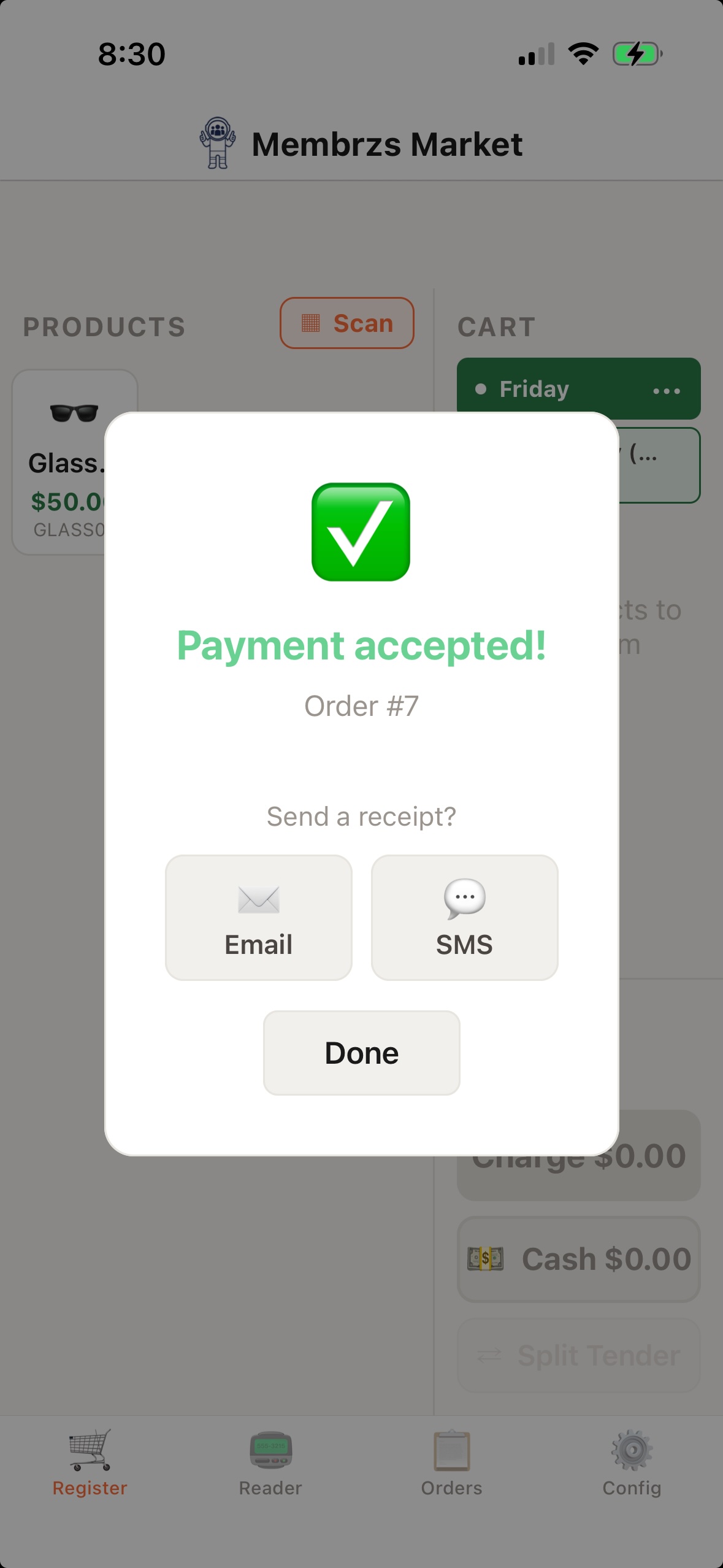 Membrzs Market POS — phone number entry screen