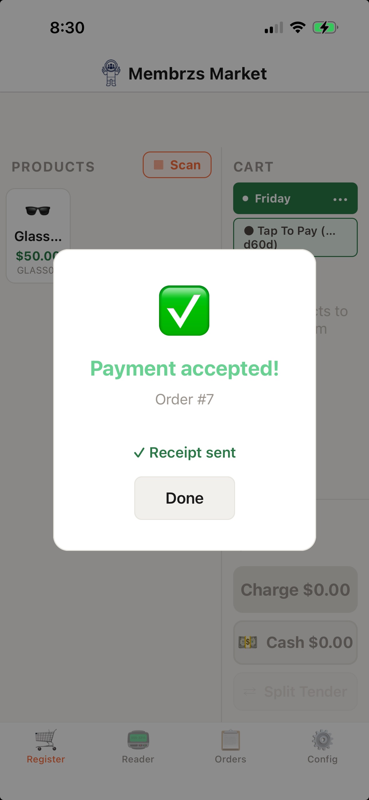 Membrzs Market POS — receipt confirmation